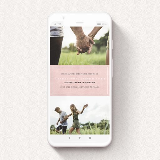 A save the date for whatsapp called "Pink in the Middle". It is a smartphone screen sized card in a portrait orientation. It is a photographic save the date for whatsapp with room for 2 photos. "Pink in the Middle" is available as a flat card, with tones of pink and white.