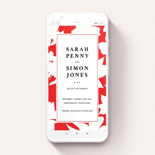 A save the date for whatsapp named "Red Flowers". It is a smartphone screen sized card in a portrait orientation. "Red Flowers" is available as a flat card, with tones of red and white.