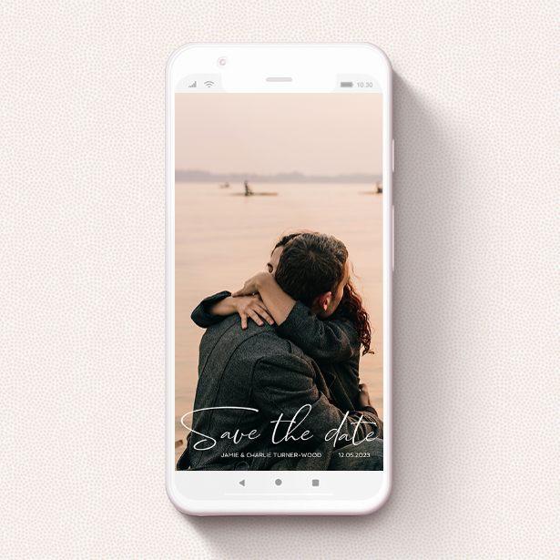 A save the date for whatsapp design named "Salamanca". It is a smartphone screen sized card in a portrait orientation. It is a photographic save the date for whatsapp with room for 1 photo. "Salamanca" is available as a flat card, with mainly white colouring.