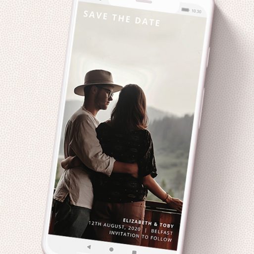 A save the date for whatsapp named 'Sans Serif'. It is a smartphone screen sized card in a portrait orientation. It is a photographic save the date for whatsapp with room for 1 photo. 'Sans Serif' is available as a flat card, with mainly white colouring.