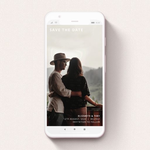 A save the date for whatsapp named "Sans Serif". It is a smartphone screen sized card in a portrait orientation. It is a photographic save the date for whatsapp with room for 1 photo. "Sans Serif" is available as a flat card, with mainly white colouring.