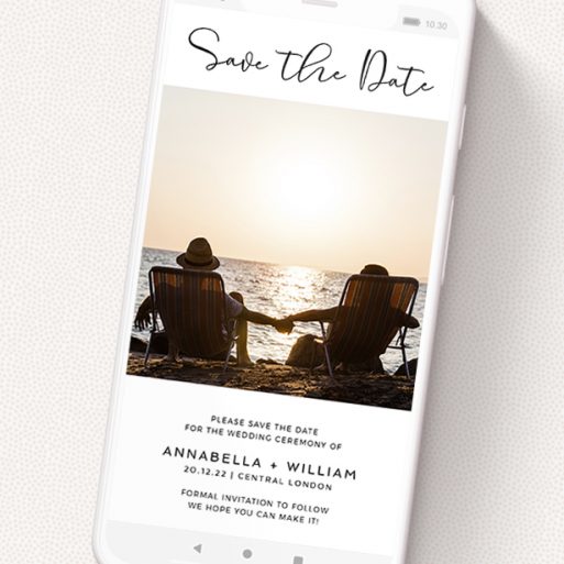 A save the date for whatsapp template titled 'Simple Setting'. It is a smartphone screen sized card in a portrait orientation. It is a photographic save the date for whatsapp with room for 1 photo. 'Simple Setting' is available as a flat card, with mainly white colouring.
