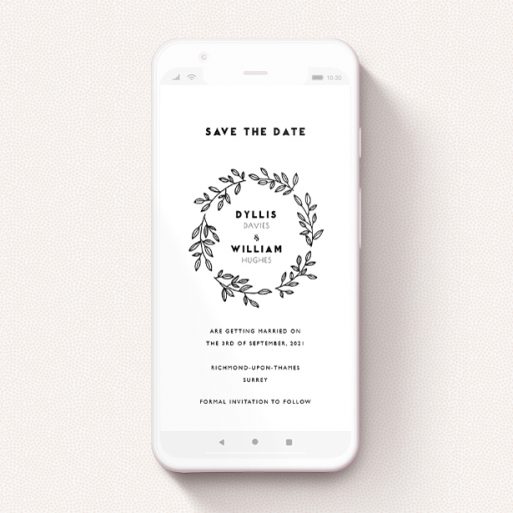 A save the date for whatsapp named "Simple Wreath". It is a smartphone screen sized card in a portrait orientation. "Simple Wreath" is available as a flat card, with tones of black and white.