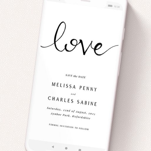 A save the date for whatsapp design named 'Simply Love'. It is a smartphone screen sized card in a portrait orientation. 'Simply Love' is available as a flat card, with tones of white and black.