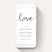 A save the date for whatsapp design named "Simply Love". It is a smartphone screen sized card in a portrait orientation. "Simply Love" is available as a flat card, with tones of white and black.