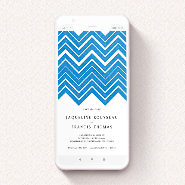 A save the date for whatsapp named "Skiapthos". It is a smartphone screen sized card in a portrait orientation. "Skiapthos" is available as a flat card, with tones of blue and white.