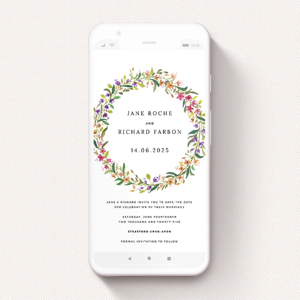A save the date for whatsapp named "Spring Florist". It is a smartphone screen sized card in a portrait orientation. "Spring Florist" is available as a flat card, with tones of light green and orange.