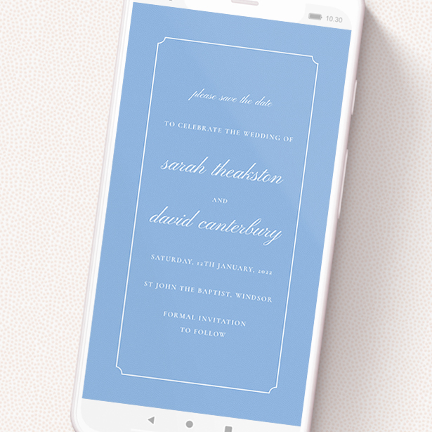 A save the date for whatsapp design titled 'Square Slant Blue'. It is a smartphone screen sized card in a portrait orientation. 'Square Slant Blue' is available as a flat card, with tones of blue and white.