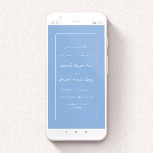 A save the date for whatsapp design titled "Square Slant Blue". It is a smartphone screen sized card in a portrait orientation. "Square Slant Blue" is available as a flat card, with tones of blue and white.