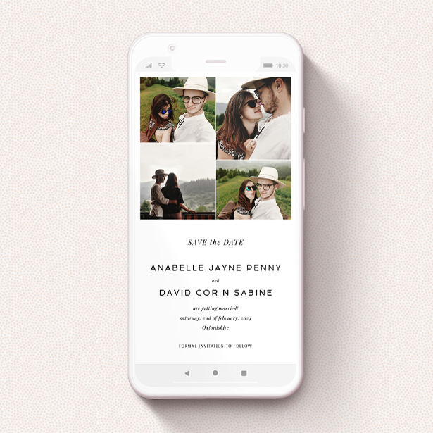 A save the date for whatsapp design named "Stacked Photos". It is a smartphone screen sized card in a portrait orientation. It is a photographic save the date for whatsapp with room for 4 photos. "Stacked Photos" is available as a flat card, with mainly white colouring.