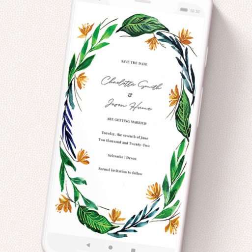 A save the date for whatsapp template titled 'Summer Whirl Wreath'. It is a smartphone screen sized card in a portrait orientation. 'Summer Whirl Wreath' is available as a flat card, with tones of green, dark blue and orange.
