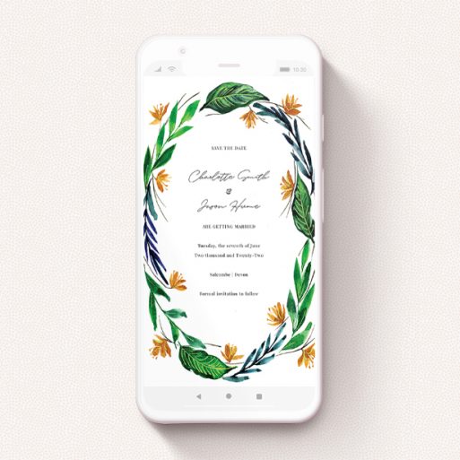 A save the date for whatsapp template titled "Summer Whirl Wreath". It is a smartphone screen sized card in a portrait orientation. "Summer Whirl Wreath" is available as a flat card, with tones of green, dark blue and orange.