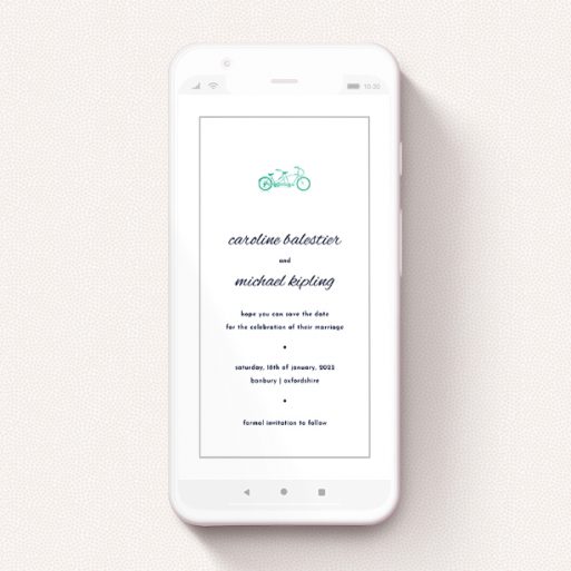 A save the date for whatsapp template titled "Tandem sheet". It is a smartphone screen sized card in a portrait orientation. "Tandem sheet" is available as a flat card, with tones of white and green.