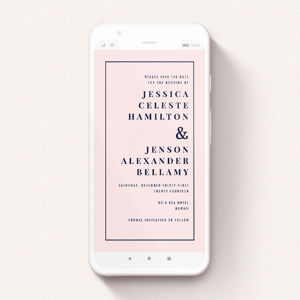A save the date for whatsapp design named "To the right". It is a smartphone screen sized card in a portrait orientation. "To the right" is available as a flat card, with mainly pink colouring.