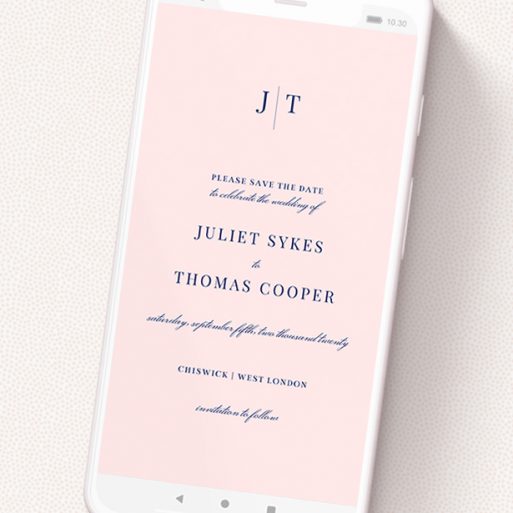 A save the date for whatsapp design called 'Tradition in Pink'. It is a smartphone screen sized card in a portrait orientation. 'Tradition in Pink' is available as a flat card, with mainly pink colouring.