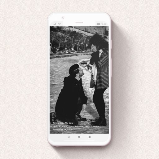 A save the date for whatsapp template titled "Tradition with Photo". It is a smartphone screen sized card in a portrait orientation. It is a photographic save the date for whatsapp with room for 1 photo. "Tradition with Photo" is available as a flat card, with mainly white colouring.