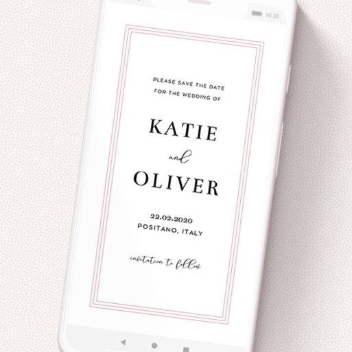 A save the date for whatsapp called 'Tri-Border'. It is a smartphone screen sized card in a portrait orientation. 'Tri-Border' is available as a flat card, with tones of pink and white.