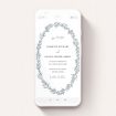 A save the date for whatsapp design titled "Tussled Wreath". It is a smartphone screen sized card in a portrait orientation. "Tussled Wreath" is available as a flat card, with tones of blue and white.