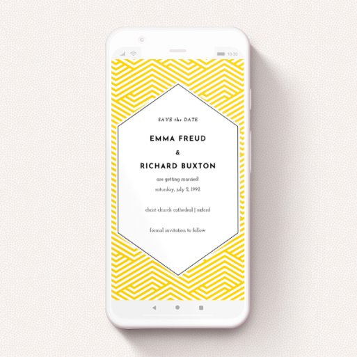 A save the date for whatsapp called "Yellow lines ". It is a smartphone screen sized card in a portrait orientation. "Yellow lines " is available as a flat card, with tones of yellow and white.