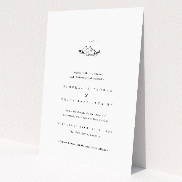 'Savoie Sketch wedding invitation featuring beautifully sketched mountain range symbolizing new heights, combined with clean, white background and classic black font for timeless elegance and serene confidence in announcing your special day.'. This is a view of the front