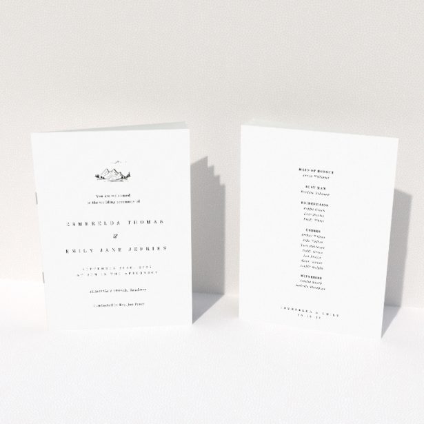 Utterly Printable Savoie Sketch Wedding Order of Service A5 Portrait Booklet - Hand-drawn Mountain Peaks on White Background with Simple Font. This image shows the front and back sides together