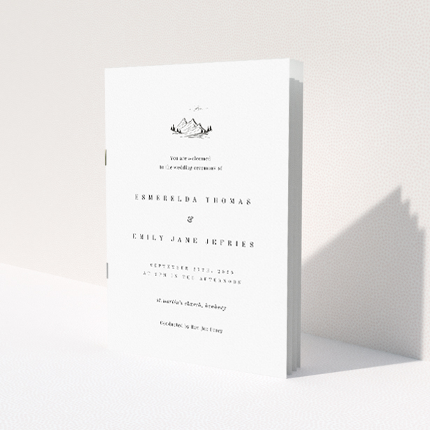 Utterly Printable Savoie Sketch Wedding Order of Service A5 Portrait Booklet - Hand-drawn Mountain Peaks on White Background with Simple Font. This is a view of the front