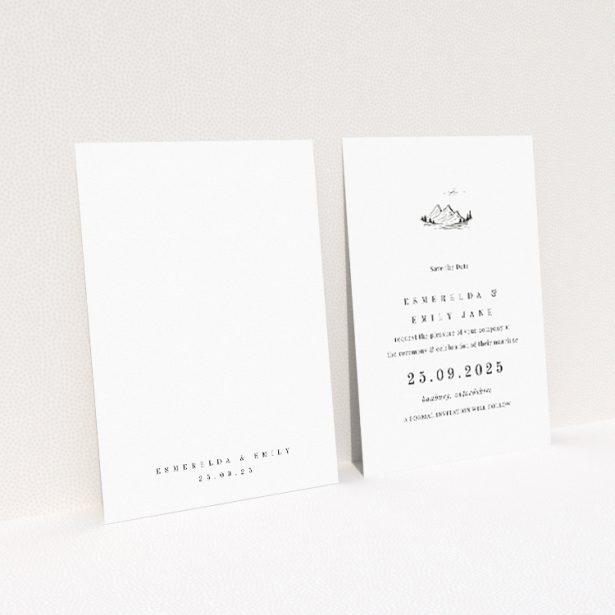 Savoie Sketch wedding save the date card with sketched mountain range symbolising strength and adventure on crisp white background. This is a view of the back
