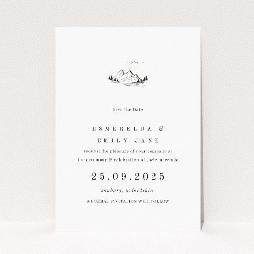 Savoie Sketch wedding save the date card with sketched mountain range symbolising strength and adventure on crisp white background. This is a view of the front