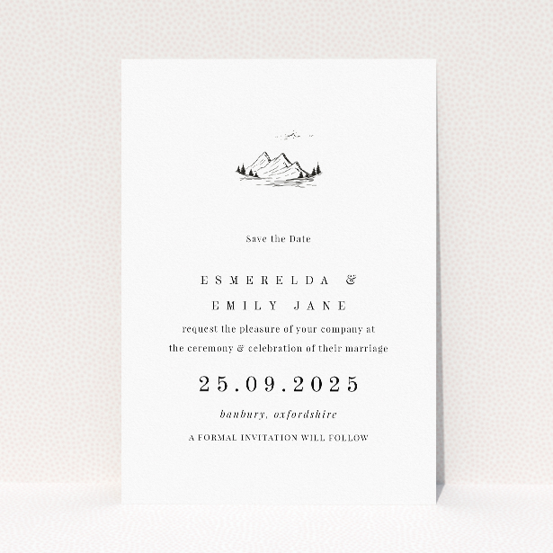 Savoie Sketch wedding save the date card with sketched mountain range symbolising strength and adventure on crisp white background. This is a view of the front