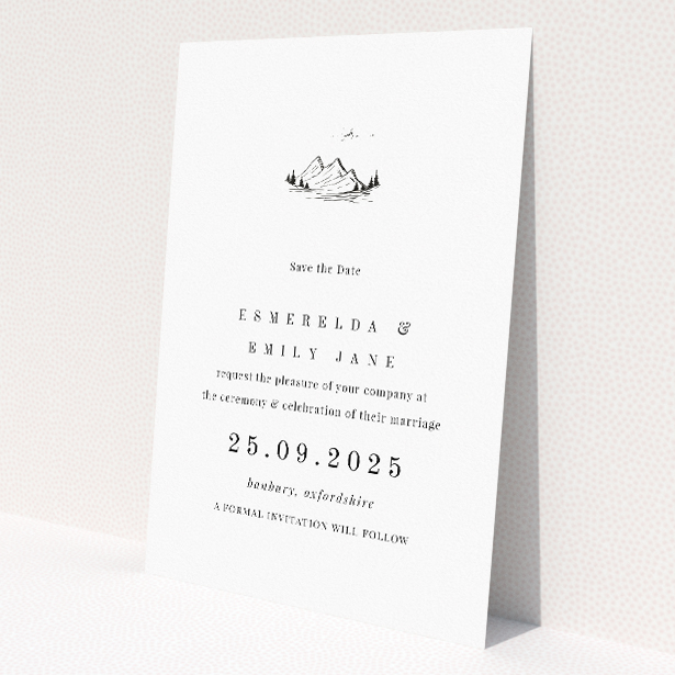 Savoie Sketch wedding save the date card with sketched mountain range symbolising strength and adventure on crisp white background. This is a view of the back