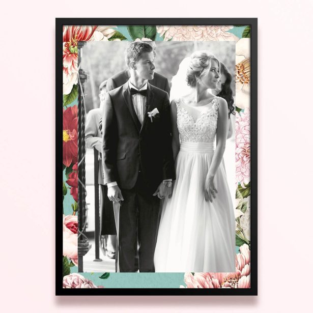 Simple framed prints designs with floral border and one photo of a couple