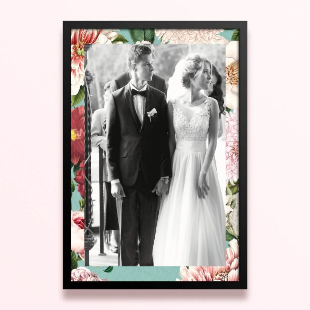 Simple framed prints designs with floral border and one photo of a couple