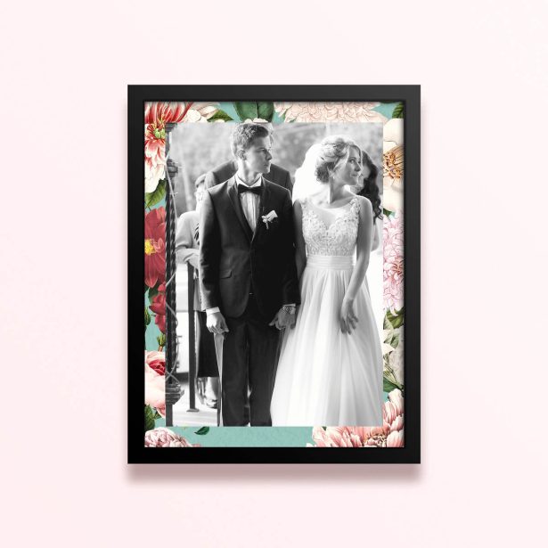 Simple framed prints designs with floral border and one photo of a couple