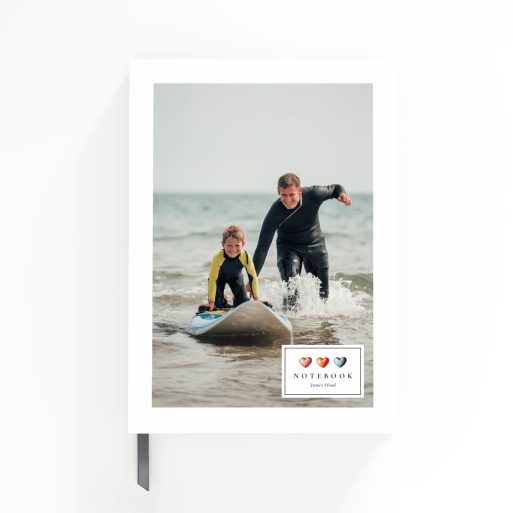 Portrait orientation personalised notebook design with one photo on the cover, by Utterly Printable.