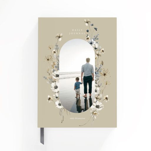 Floral design portrait notebook cover featuring one photo.