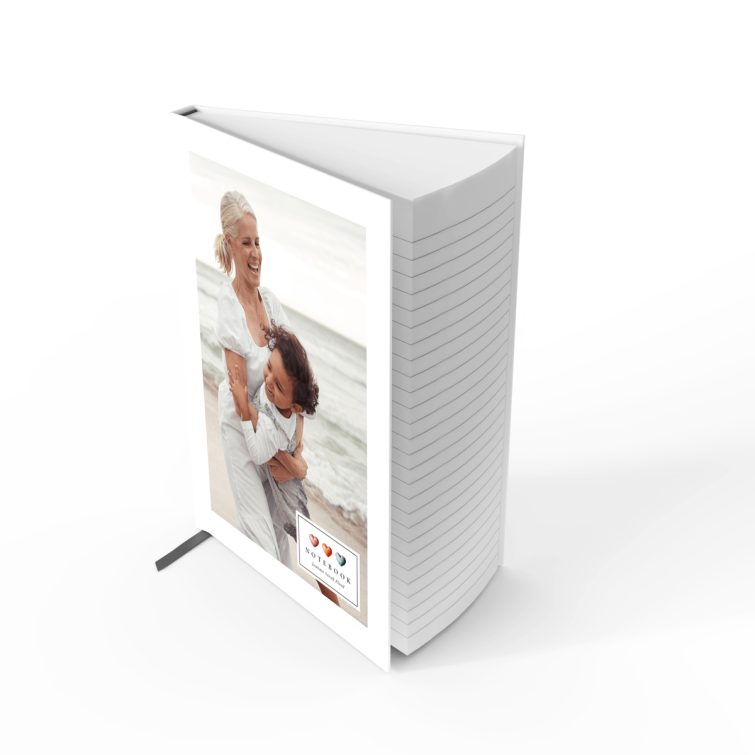 Portrait orientation notebook cover design with a photo of a woman and child on the front cover, printed by Utterly Printable.