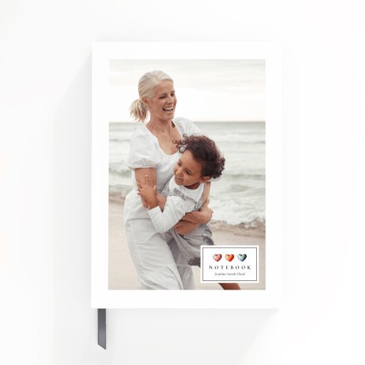 Portrait orientation notebook cover design with a photo of a woman and child on the front cover, printed by Utterly Printable.