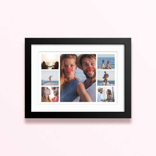 Framed and mounted photo print with seven different joyful holiday snapshots.