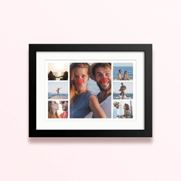 Framed and mounted photo print with seven different joyful holiday snapshots.