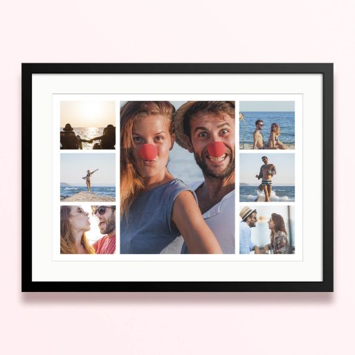 Framed and mounted photo print with seven different joyful holiday snapshots.