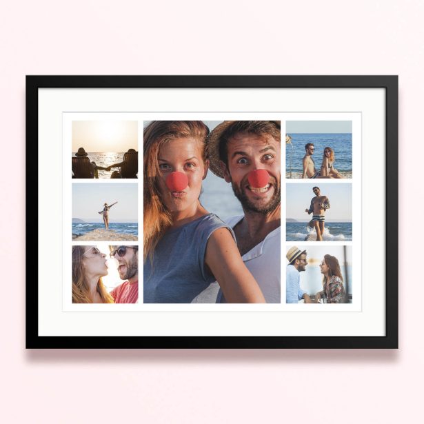 Framed and mounted photo print with seven different joyful holiday snapshots.