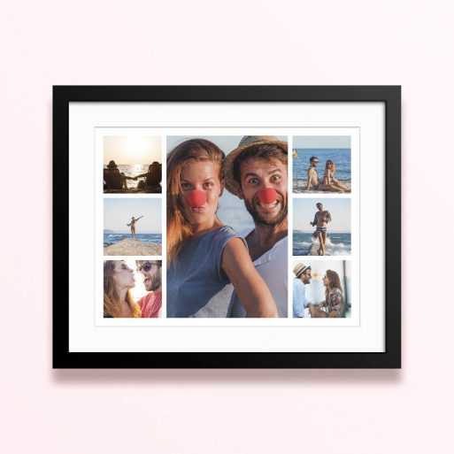 Framed and mounted photo print with seven different joyful holiday snapshots.