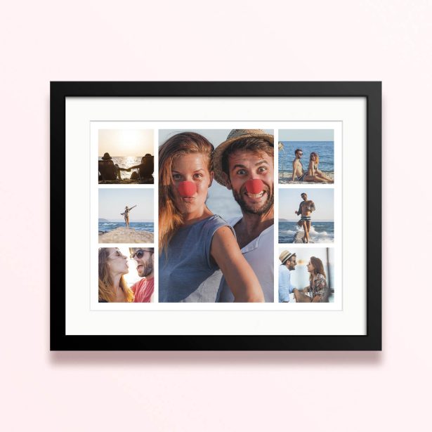 Framed and mounted photo print with seven different joyful holiday snapshots.