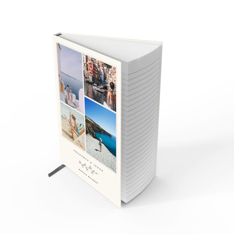 Portrait orientation personalised notebooks design with four travel-themed photos on the cover, ideal for capturing thoughts and ideas, available at Utterly Printable.