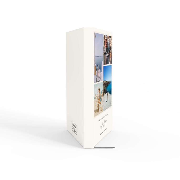 Portrait orientation personalised notebooks design with four travel-themed photos on the cover, ideal for capturing thoughts and ideas, available at Utterly Printable.