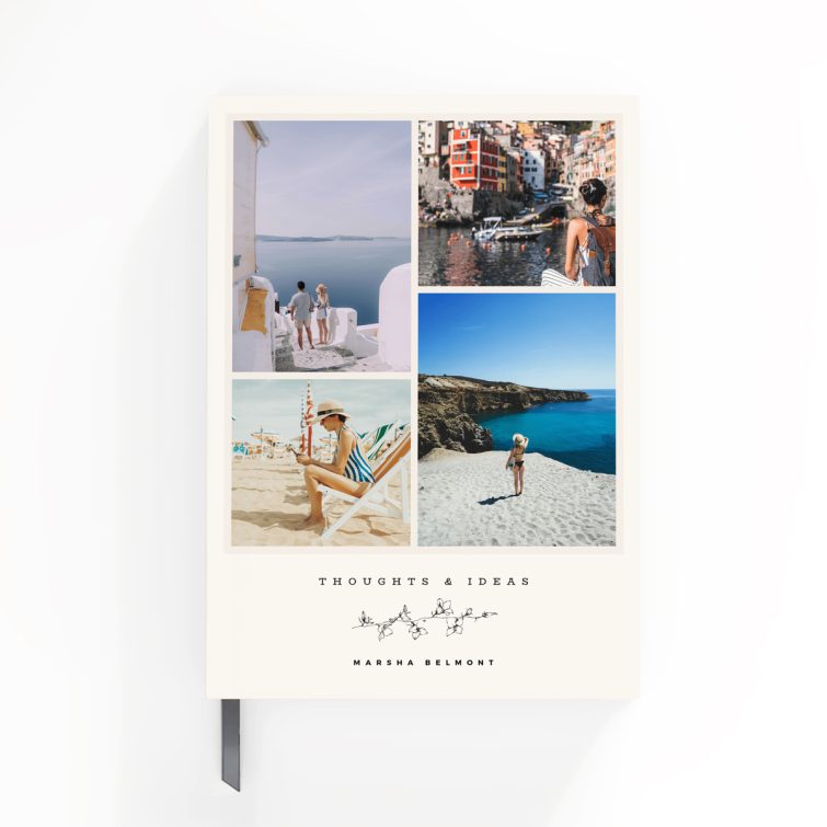 Portrait orientation personalised notebooks design with four travel-themed photos on the cover, ideal for capturing thoughts and ideas, available at Utterly Printable.