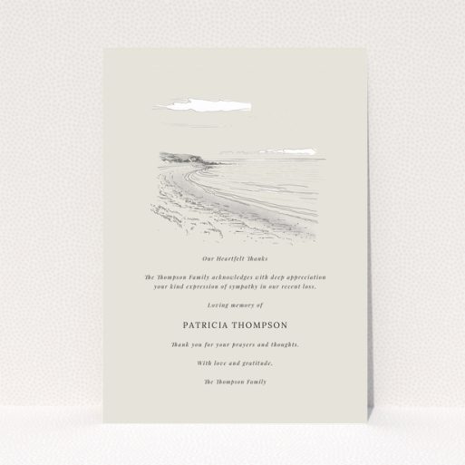 Funeral thank you card design with beach illustration and empty spaces for personalised text in memory of a loved one