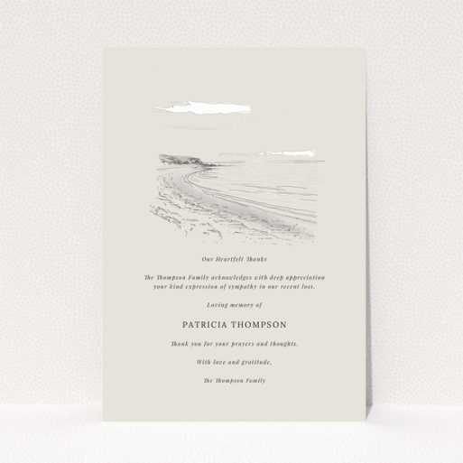 Funeral thank you card design with beach illustration and empty spaces for personalised text in memory of a loved one