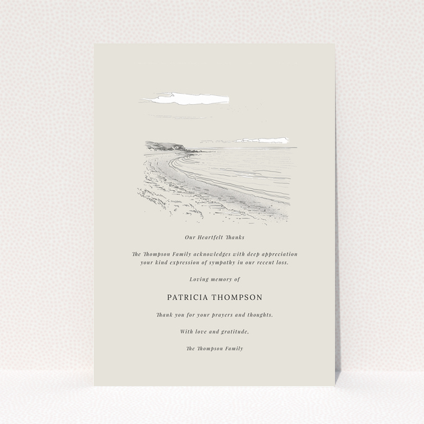 Funeral thank you card design with beach illustration and empty spaces for personalised text in memory of a loved one