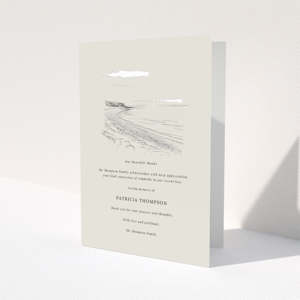 Funeral thank you card design with beach illustration and empty spaces for personalised text in memory of a loved one